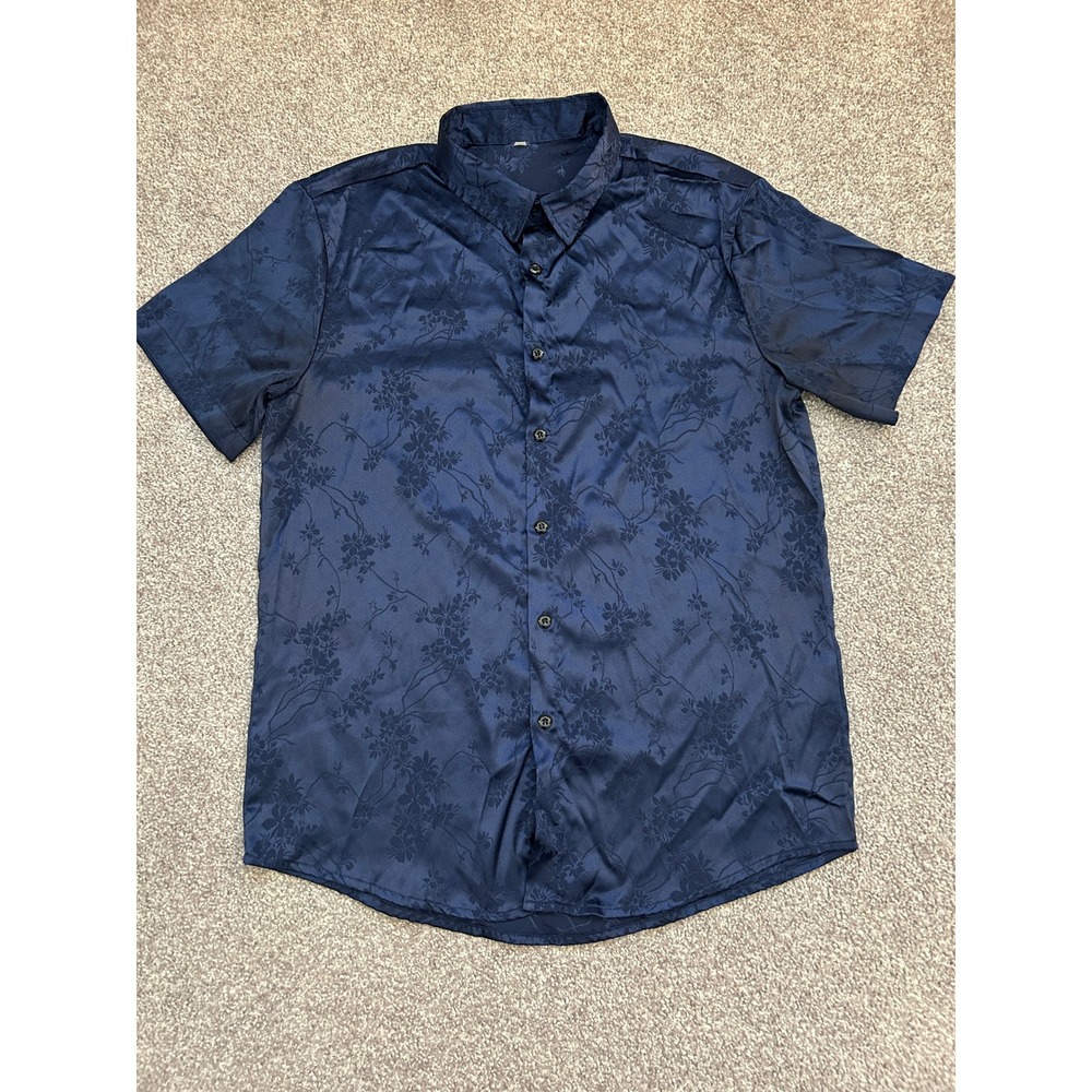 SHEIN Button Down Shirt Men L Navy Blue Excellent Floral Jacquard Satin Short SL